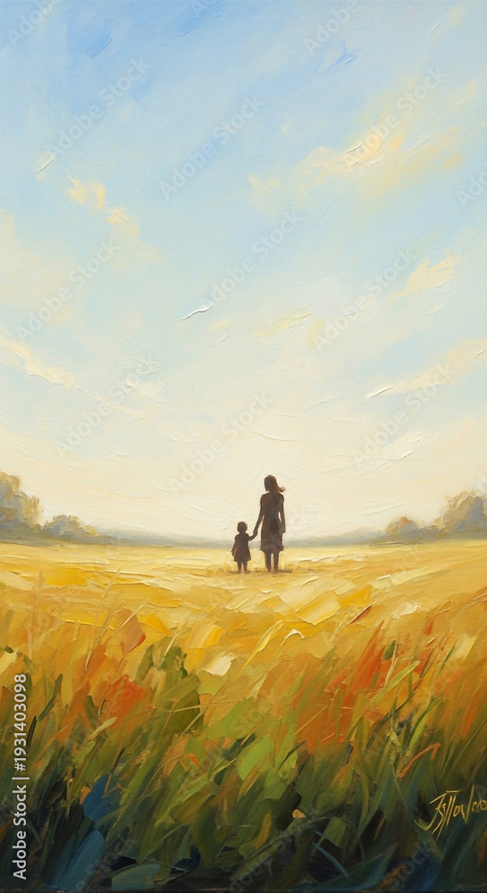 Fototapeta premium Soft oil painting of woman and child holding hands in wheat field woman's day background download 2026 2027