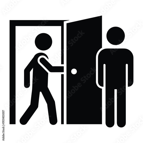 Black and white pictogram showing person walking through an open door while another person stands waiting outside