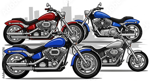 Four Custom Motorcycles Lined Up Ready to Ride.
