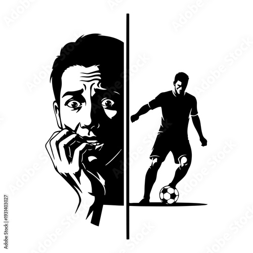 Nervous fan biting nails while watching a soccer player during a crucial match moment