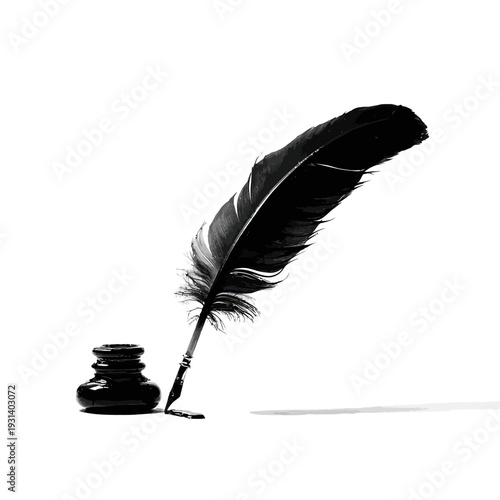 Black quill pen with inkwell isolated on a white background for writing.