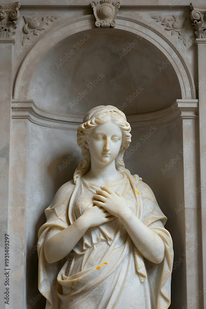 Fototapeta premium Marble Statue of a Serene Woman with Clasped Hands in an Ornate Niche, Classical Sculpture Style for Art or Historical Design Projects