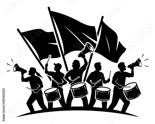 Silhouettes of enthusiastic sports supporters with drums megaphones and waving flags