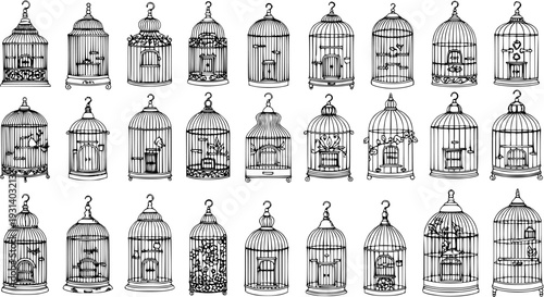 Diverse collection of hand-drawn vintage birdcages in various shapes and decorative styles, perfect for antique, rustic, or romantic design projects.