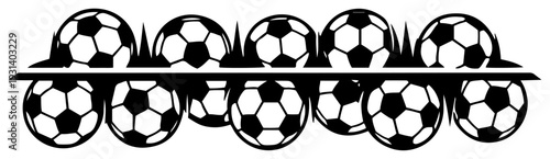 Horizontal border design featuring two rows of soccer balls arranged on a shelf