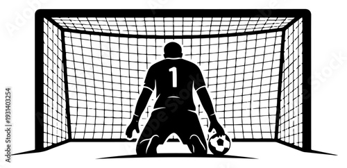 Silhouette of a goalkeeper kneeling in front of a goal net holding a soccer ball