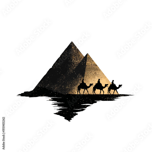 Silhouette of camels and riders traveling near ancient Egyptian pyramids at sunset.
