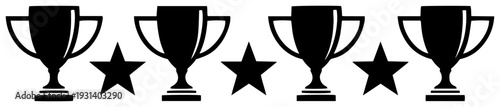 Horizontal banner with alternating championship trophy cups and victory stars in silhouette style