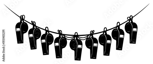 Decorative garland banner featuring many referee whistles hanging on a rope
