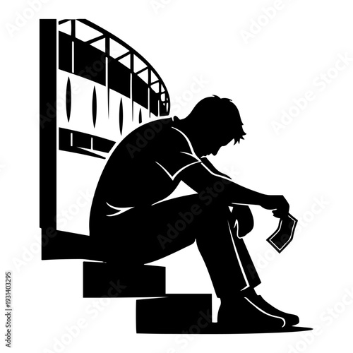 Silhouette of a sad man sitting on stairs holding a ticket after a disappointing event