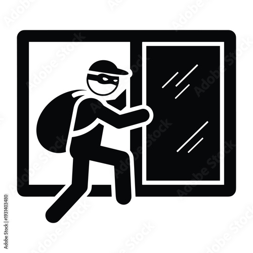 Burglar wearing mask carrying loot bag climbing through open window to commit robbery crime in house silhouette