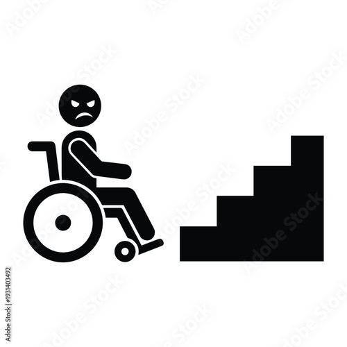Angry person in wheelchair facing stairs obstacle representing lack of accessibility and architectural barriers for disabled people icon