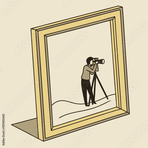 Photographer capturing landscape within a picture frame.