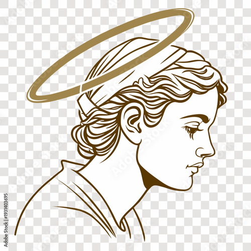Profile of a serene woman with a halo depicting a saintly or angelic figure.