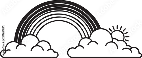 Simple black and white rainbow with clouds and sunshine