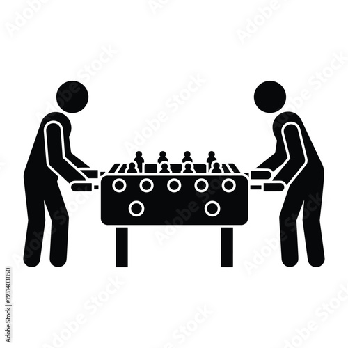 Two stick figures playing table football foosball game in a competitive match for recreation and indoor sports
