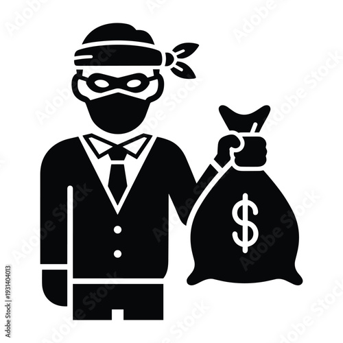 Thief in business suit wearing mask holding money bag with dollar sign symbol representing financial crime and corruption