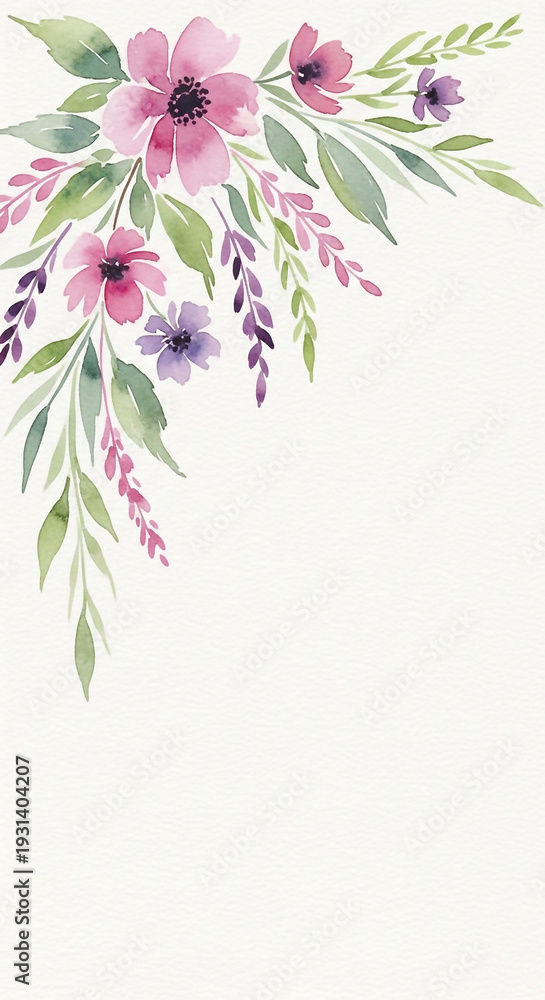 Obraz premium Watercolor floral arrangement with pink purple flowers and green leaves on white background woman's day background download 2026 2027