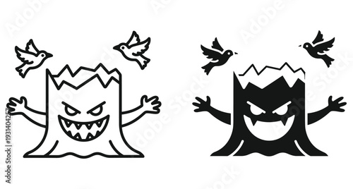 Spooky tree stump monster with sharp teeth and outstretched arms and flying birds in cartoon silhouette and line art style Halloween