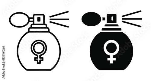 perfume bottle icon set with female symbol and spray mist for beauty cosmetics fragrance scent atomizer design elements for web apps