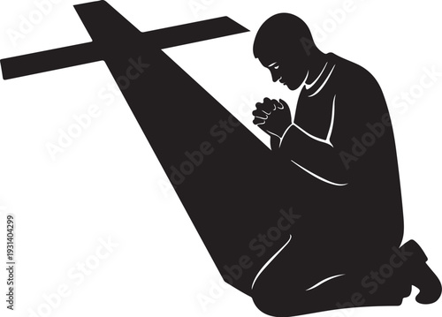 Man Kneeling in Prayer Before a Large Christian Cross