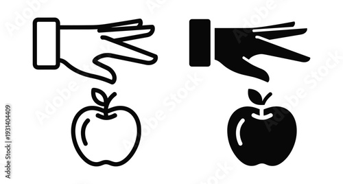 Hand reaching for apple icon set in outline and solid styles representing healthy food choices picking fresh fruit and nutrition concepts