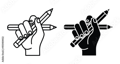 Hand holding two pencils icon set in outline and solid black silhouette style for drawing sketching creative hand holding two pencils
