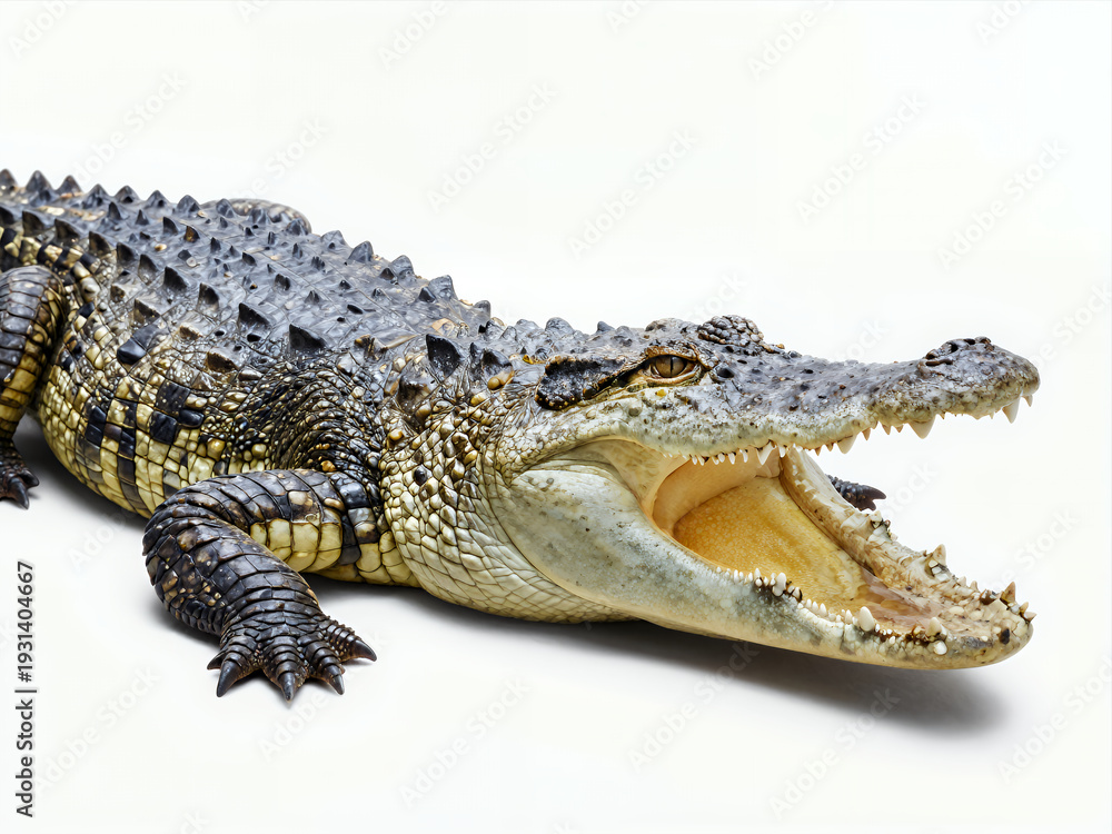 Obraz premium Realistic Crocodile with Open Mouth Showing Sharp Teeth and Textured Scales Isolated on White Background for Wildlife or Danger Themed Design Projects