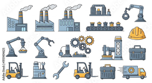 Industrial machinery and equipment icons collection.