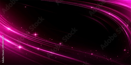 An abstract background of purple and pink waves with stars flows through space in a bright, futuristic design featuring glowing lines and a motion of energy