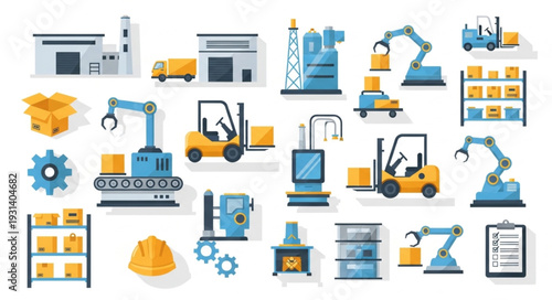 Industrial machinery and equipment icons set.