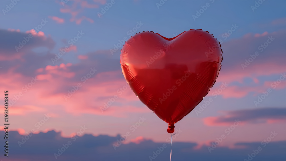 Obraz premium Red Heart-Shaped Balloon Floating Against a Soft Pink and Blue Twilight Sky with Gentle Clouds Romantic Valentine or Anniversary Concept