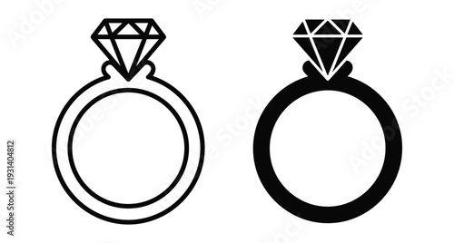 Diamond engagement ring icon set with outline and solid black versions for wedding marriage jewelry design symbols and romantic gift graphics