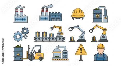 Industrial Machinery and Factory Equipment Icons.