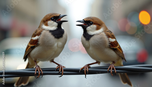 Two sparrows chirping on a wire in a bustling urban setting  
