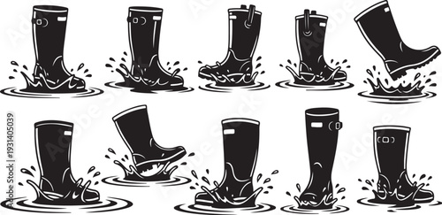 Black rubber boots in various muddy puddle positions falling