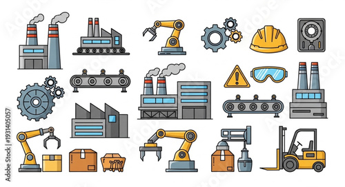 Industrial icons set with machinery equipment.