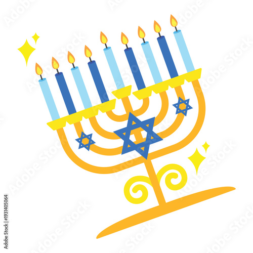 Festive Hanukkah menorah with glowing candles and Star of David.