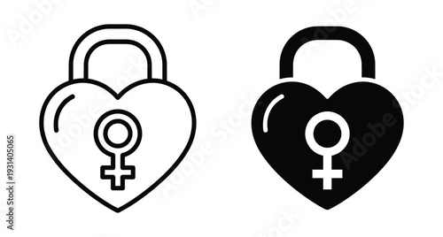 Heart shaped padlock with female gender symbol icon set representing women rights protection security love equality feminism empowerment safety girl power