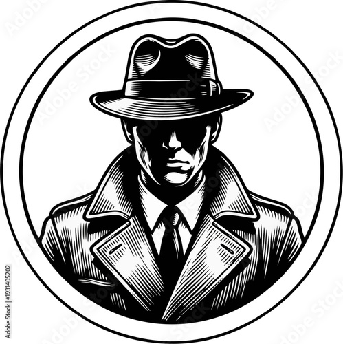 Dramatic Noir Private Detective Silhouette Fedora Trench Coat Necktie Bold Black Monochrome Circular Logo Vector Emblem
