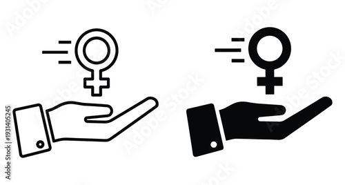 Female gender symbol icon set with hand supporting venus sign representing women empowerment gender equality feminism rights and social justice movement