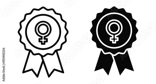 Female award ribbon icon set representing women empowerment achievement recognition gender equality success leadership rights feminism honor prize medal badge trophy