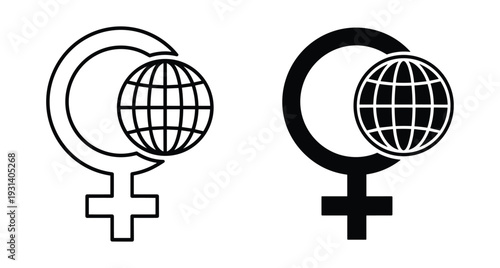 Female gender symbol combined with globe icon representing international women rights global equality feminism movement world empowerment sisterhood unity and social justice