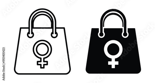 Shopping bag icons with female gender symbol representing women's fashion retail therapy feminine consumerism and gender specific marketing for commercial sales