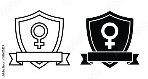 Female gender symbol on shield with ribbon banner icon set representing women protection rights empowerment safety security equality and feminist movement