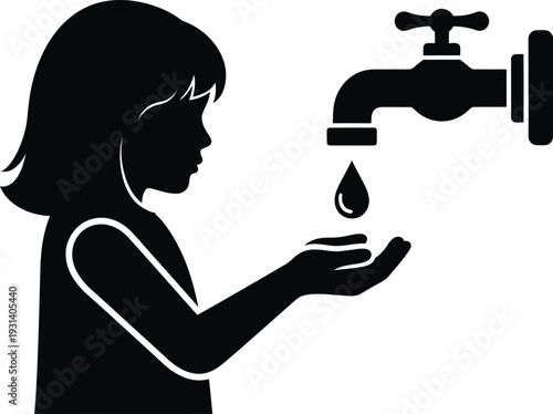 Child catching water drop from faucet black silhouette vector isolated PNG with Transparent Background