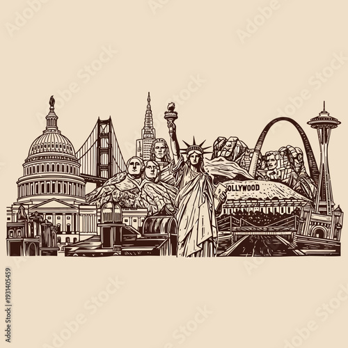 Iconic American Landmarks and Monuments Sketch.