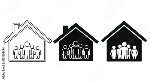 Collection of simplified vector graphic icons representing family households or community members staying safely inside homes