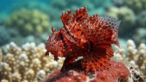 A vibrant red scorpionfish camouflaged on a coral reef underwater showcasing its intricate textures and fins in a detailed closeup marine life shot.