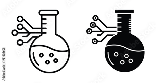 Laboratory flask icons with digital circuit lines representing biotechnology research smart science automation chemical engineering data analysis and modern laboratory technology
